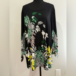 Alfani 3X Floral Black and Green Women's Top w Tie Sleeves and Stretch 674